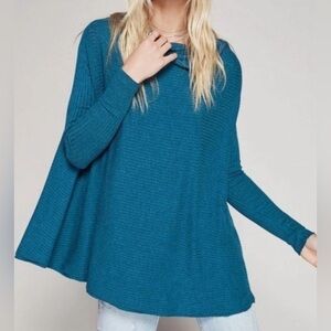 Free People We the Free Teal Blue Lover Rib Split Back Pullover Top Women Small